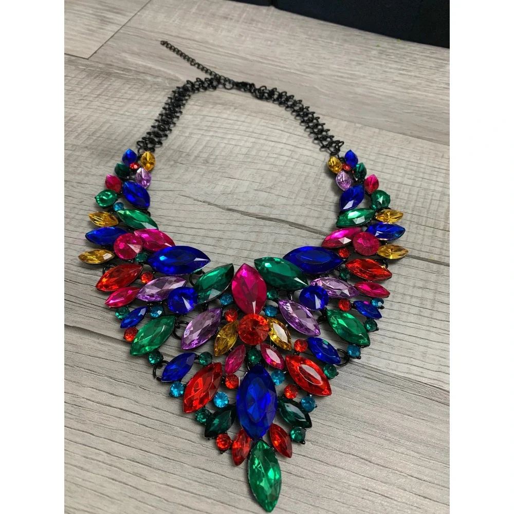 Multicolor Rhinestone Statement Bib Necklace Black Metal‎ Crystal Jewel Collar